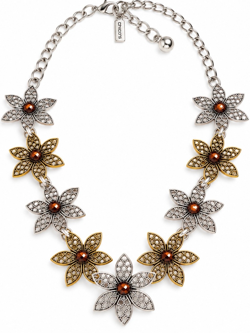 Chico’s Mixed Metal Floral Statement Bib Necklace